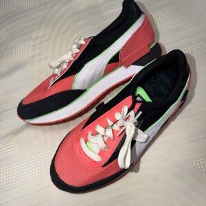 Puma Coral, Black & White Retro Runner with Lime Trim